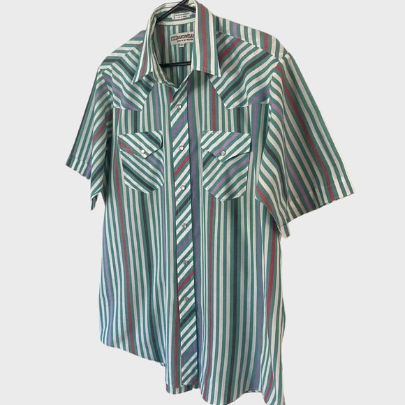 Vintage Ranchwear Western Pearl Snap Shirt Mens 16 1/2 Green Stripe Short Sleeve - Picture 2 of 12